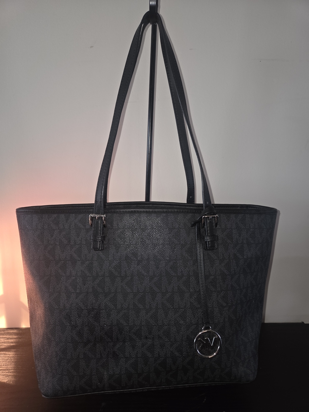 Michael Kors Black MK Signature Tote with Silver Charm